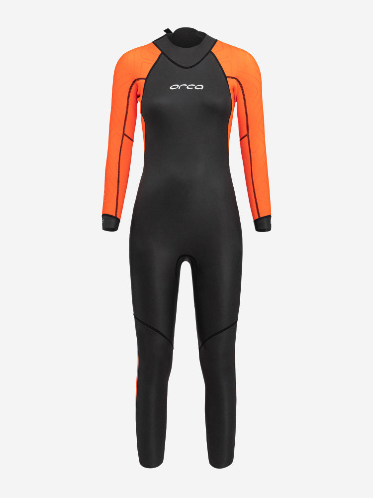 Orca Vitalis Hi-Viz Openwater Wetsuit Womens, bright orange sleeves on a black wetsuit