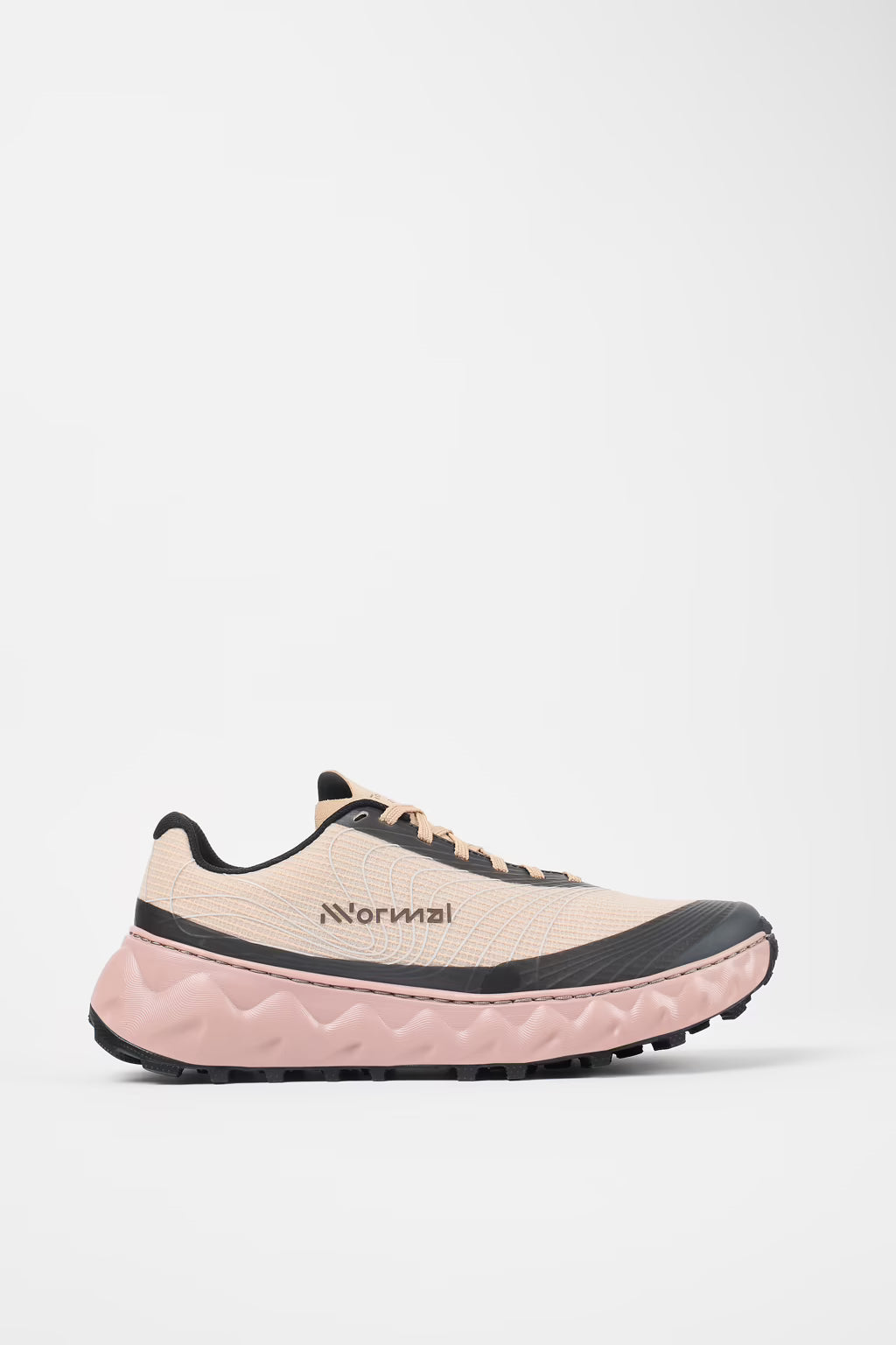 nnormal tomir 2.0 for women, technical trail running shoe, light beige with black details and light pink sole, side profile of shoe