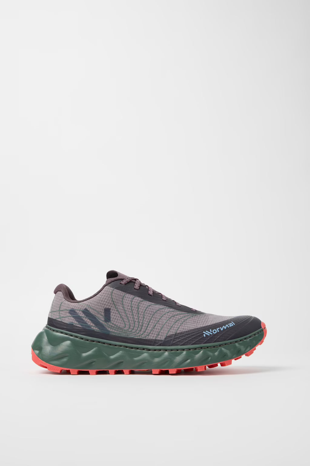 nnormal tomir 2.0 for men, technical trail running shoe, burgundy brown with black details and dark green sole with orange lugs, side profile of shoe