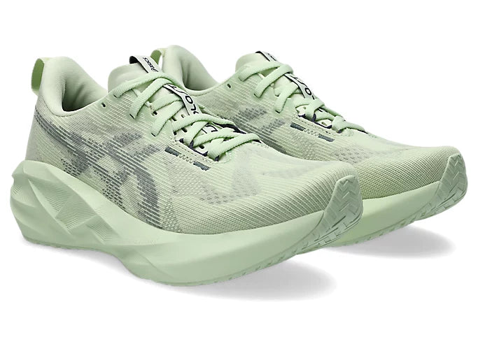asics novablast 5 for women, lightweight cushioned springy running shoe, mint colour, pair of shoes with angled side profile