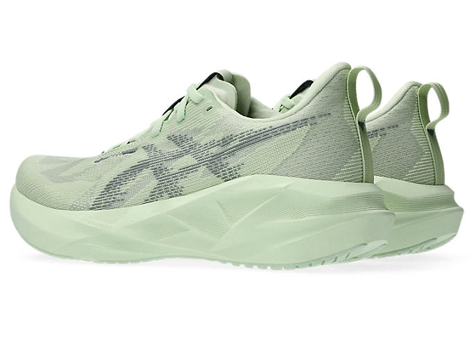 asics novablast 5 for women, lightweight cushioned springy running shoe, mint colour, pair of shoes back angled profile