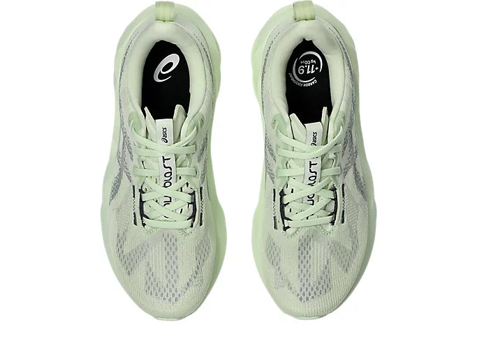 asics novablast 5 for women, lightweight cushioned springy running shoe, mint colour, top down view