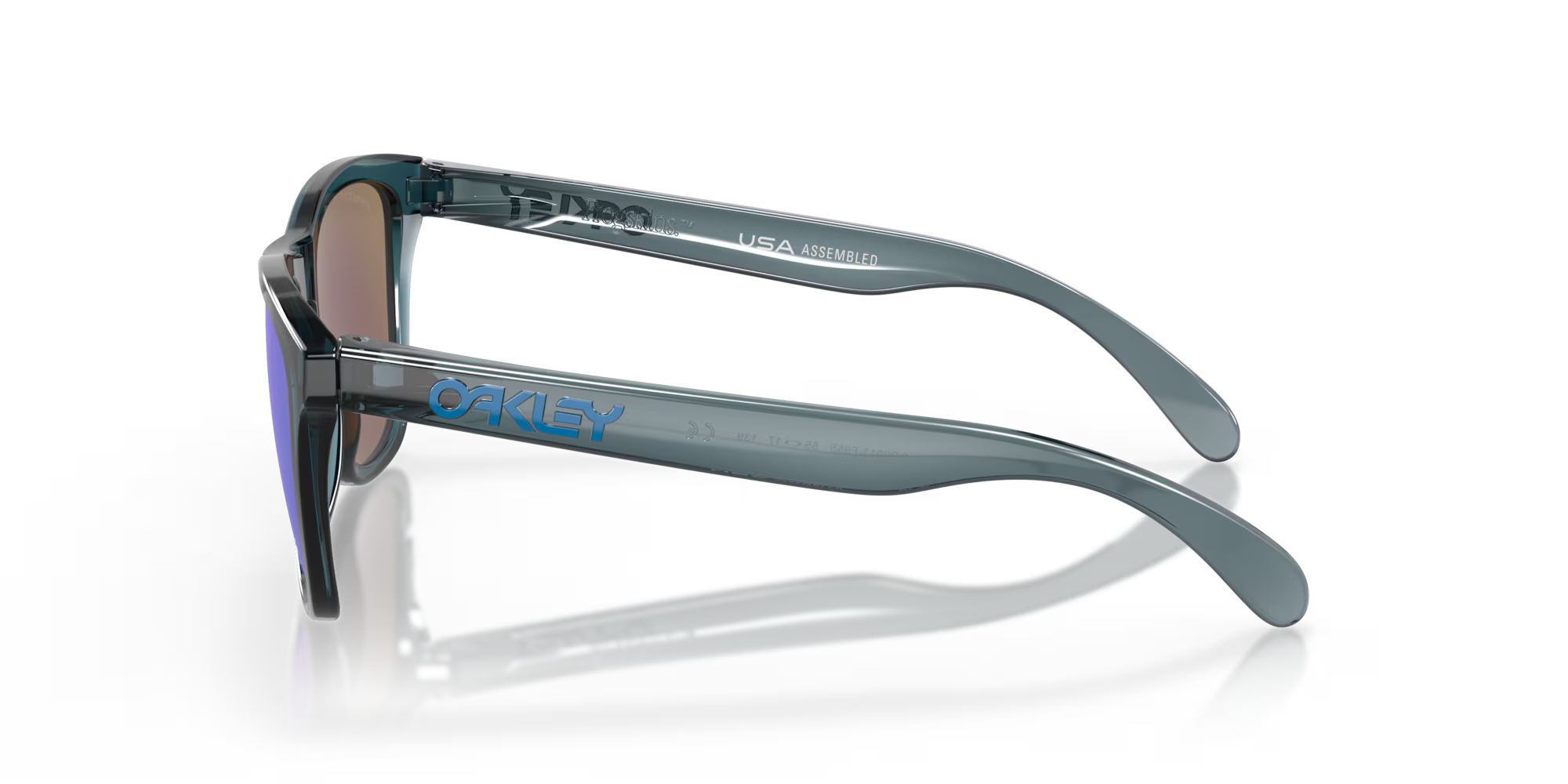 oakley frogskins polarised sunglasses, blue prizim sapphire polarised lenses, black translucent frame, side angle
