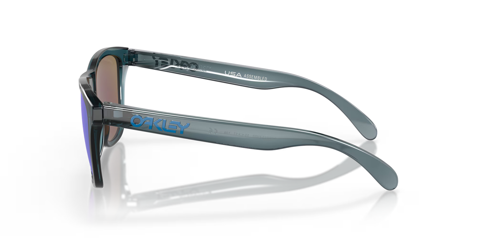 oakley frogskins polarised sunglasses, blue prizim sapphire polarised lenses, black translucent frame, side angle