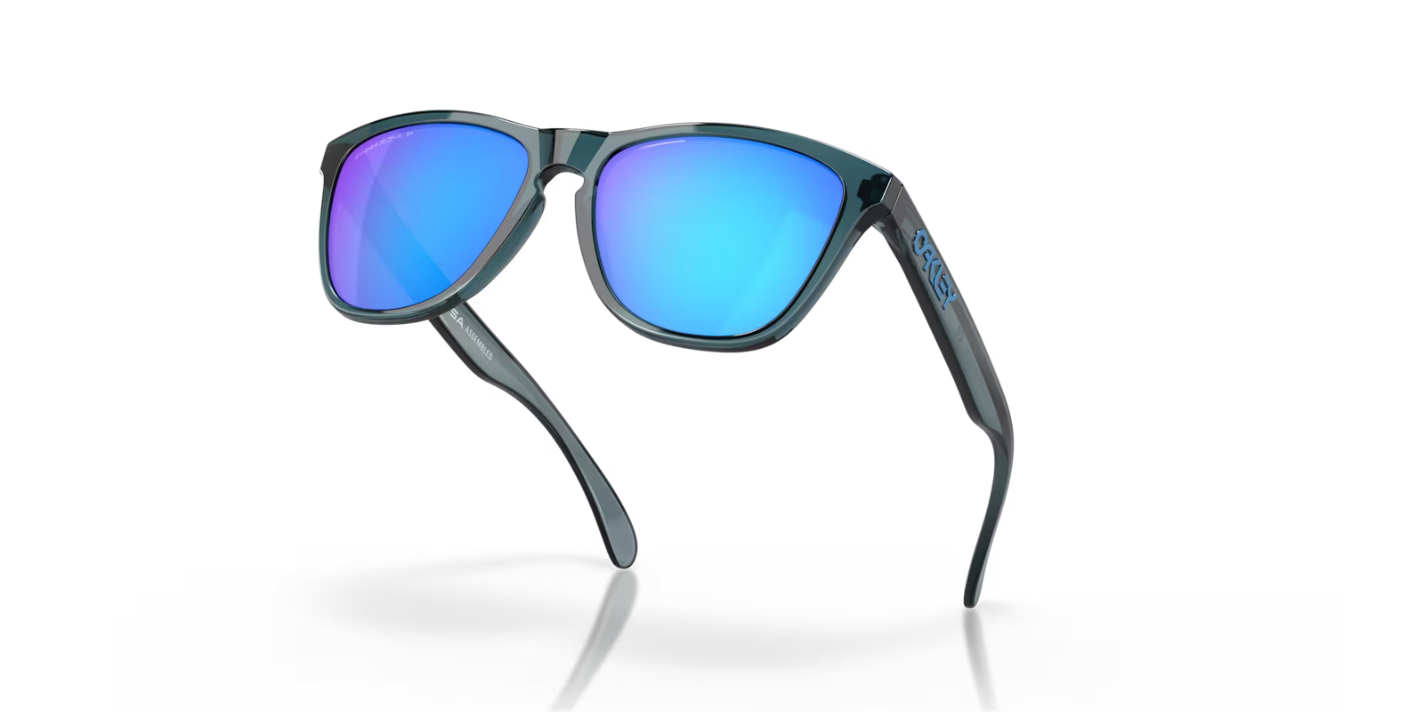 oakley frogskins polarised sunglasses, blue prizim sapphire polarised lenses, black translucent frame, front angled sunglasses, sunglasses lifted 