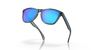 oakley frogskins polarised sunglasses, blue prizim sapphire polarised lenses, black translucent frame, front angled sunglasses, sunglasses lifted 