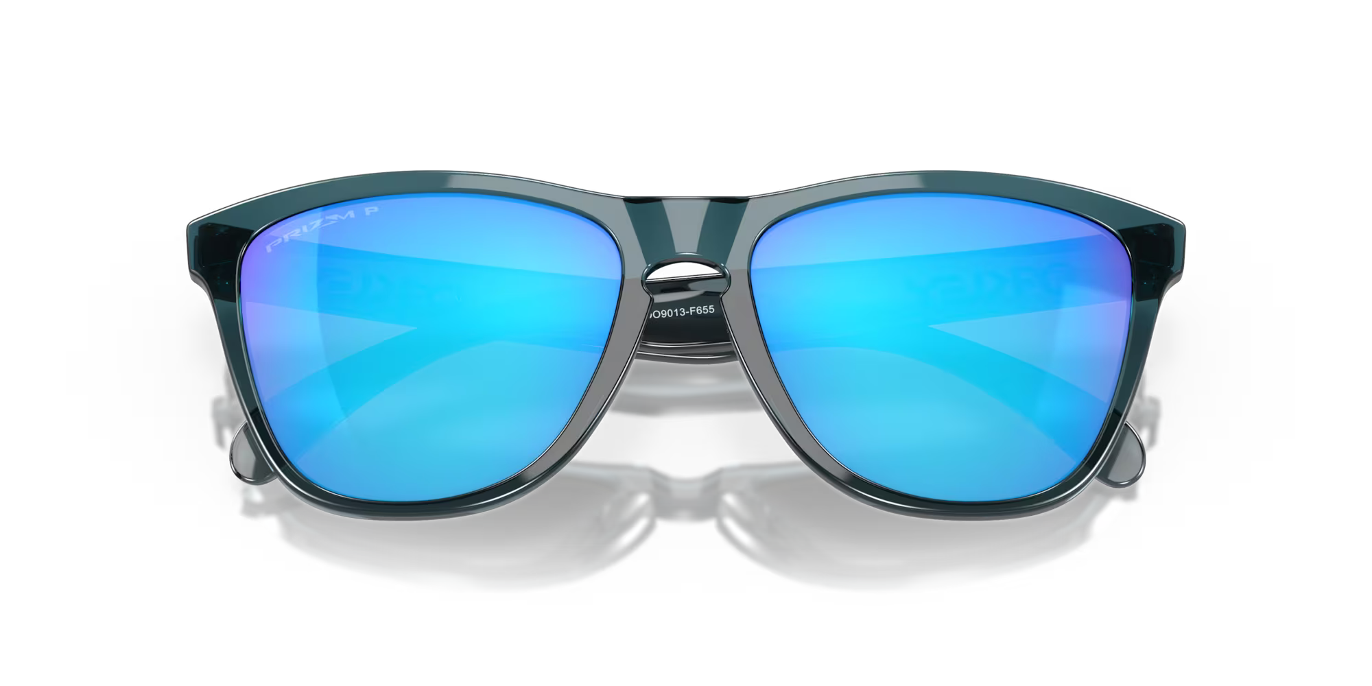 oakley frogskins polarised sunglasses, blue prizim sapphire polarised lenses, black translucent frame, front angled sunglasses, close up of front frame and lens