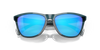 oakley frogskins polarised sunglasses, blue prizim sapphire polarised lenses, black translucent frame, front angled sunglasses, close up of front frame and lens