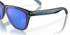 oakley frogskins polarised sunglasses, blue prizim sapphire polarised lenses, black translucent frame, front angled sunglasses, close up of side arm logo