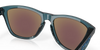 oakley frogskins polarised sunglasses, blue prizim sapphire polarised lenses, black translucent frame, front angled sunglasses, close up of inside lens