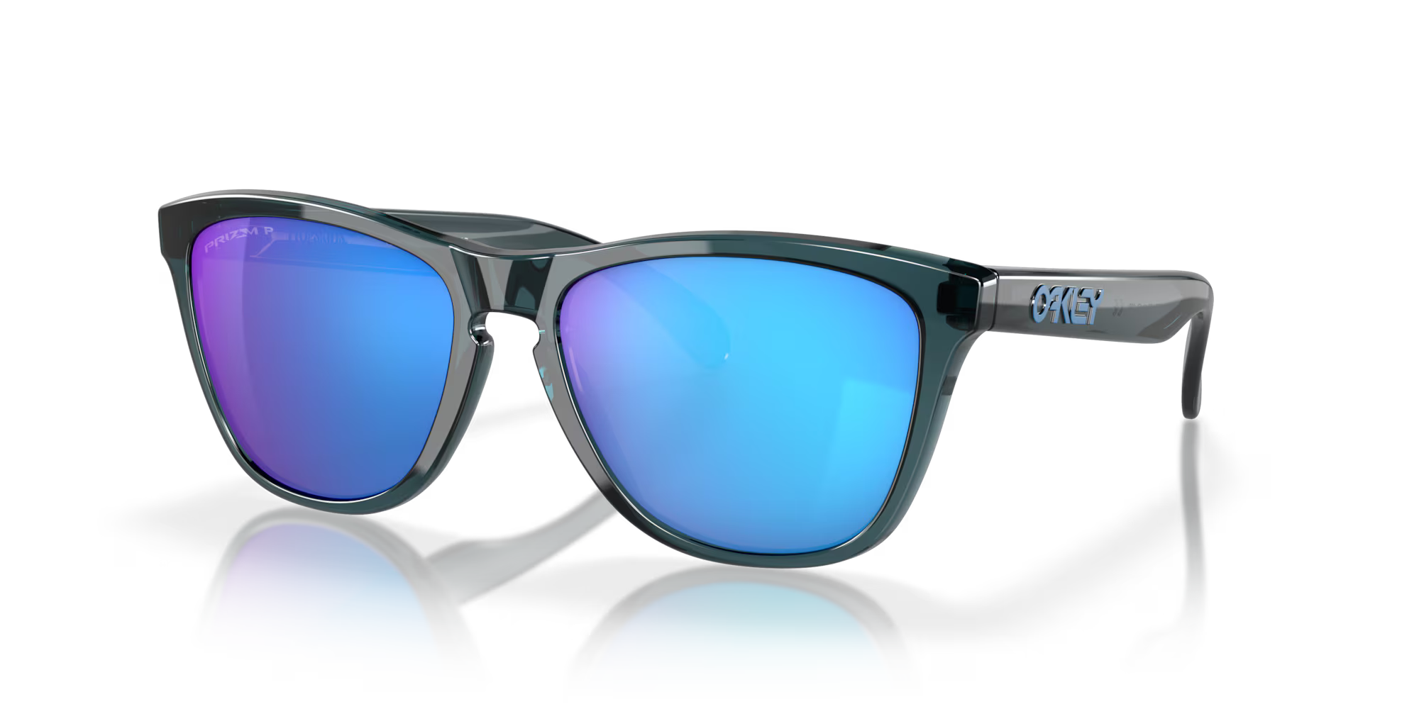 oakley frogskins polarised sunglasses, blue prizim sapphire polarised lenses, black translucent frame, front angled sunglasses