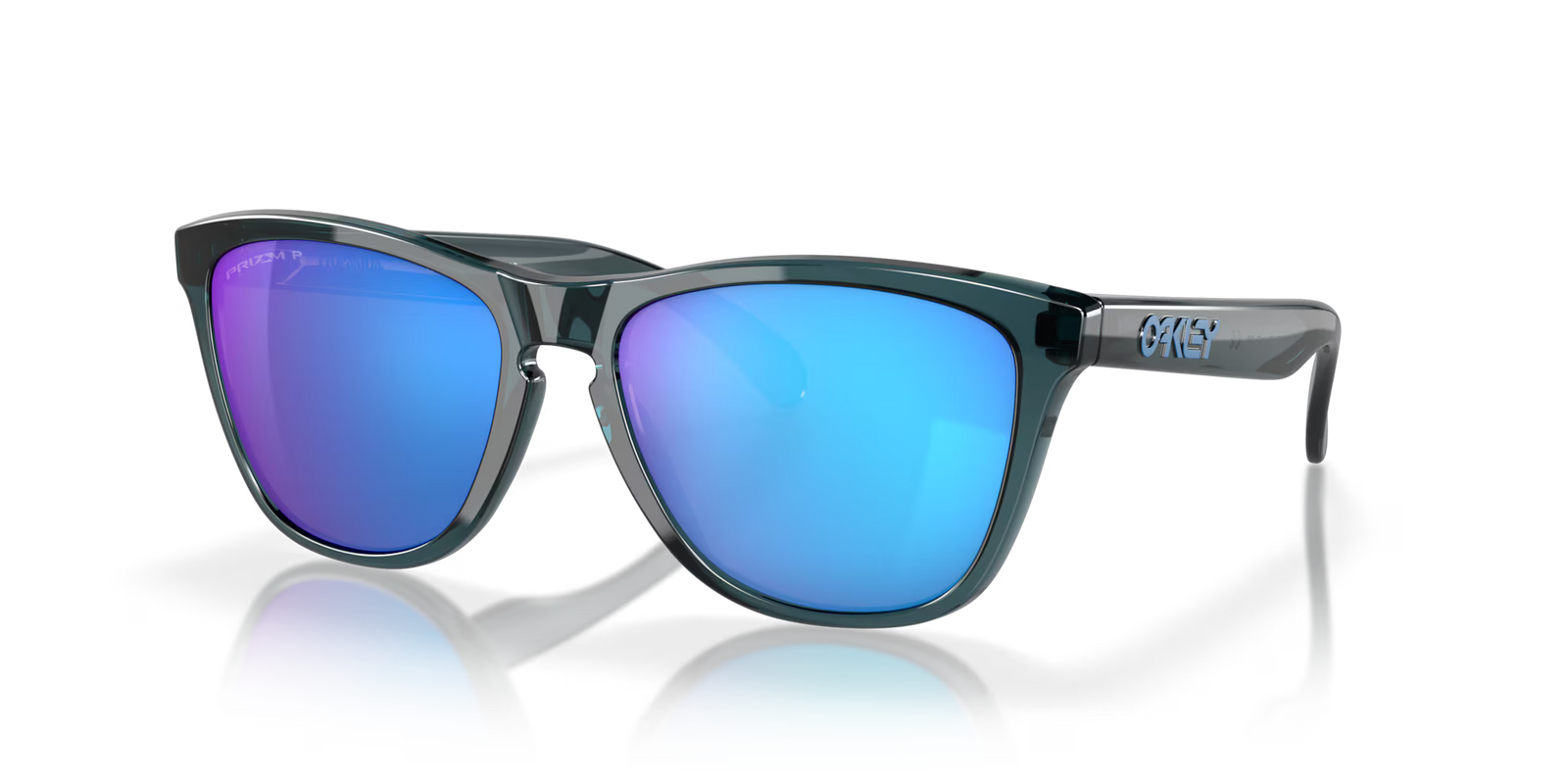 oakley frogskins polarised sunglasses, blue prizim sapphire polarised lenses, black translucent frame, front angled sunglasses