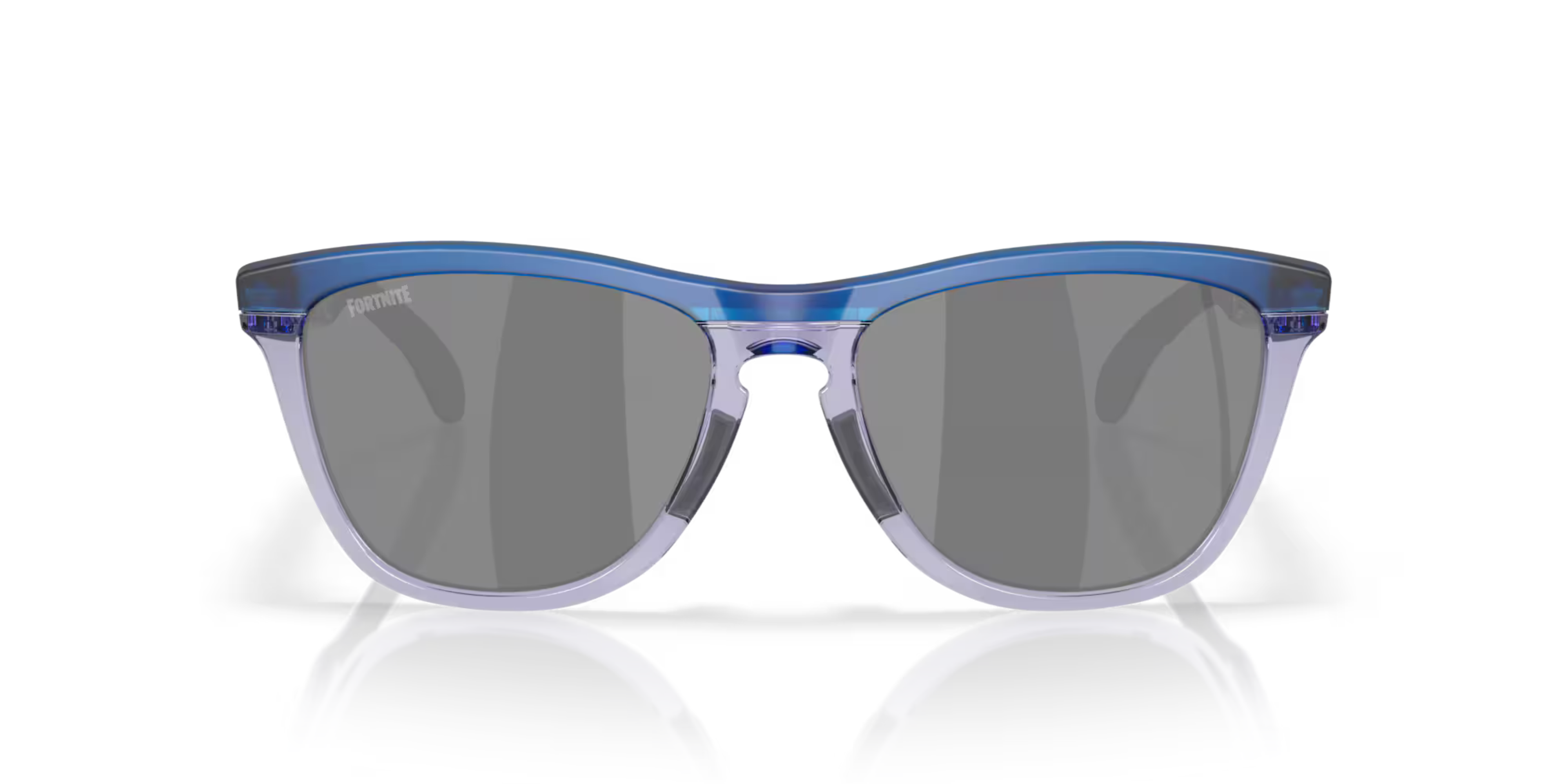 front of oakley frogskin fortnite sunglasses, classic style polarised sunglasses, blue and grey frame with dark grey lense