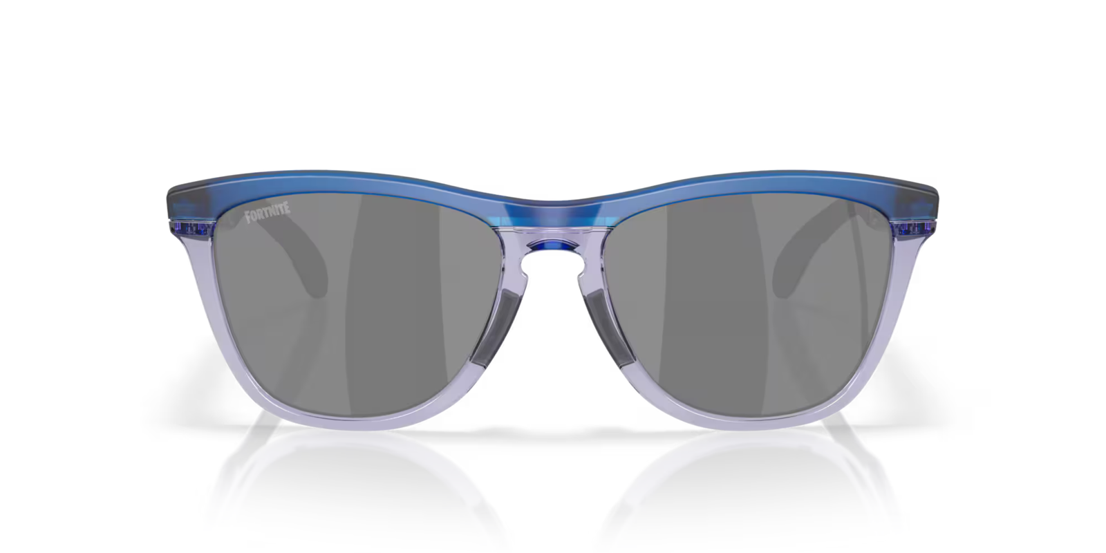 front of oakley frogskin fortnite sunglasses, classic style polarised sunglasses, blue and grey frame with dark grey lense