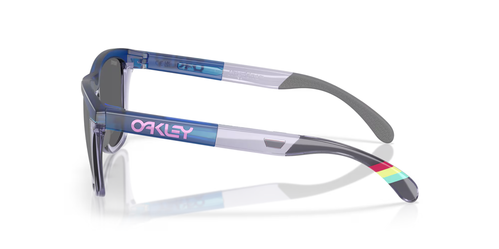side view of oakley frogskin fortnite sunglasses, classic style polarised sunglasses, blue and grey frame with dark grey lense