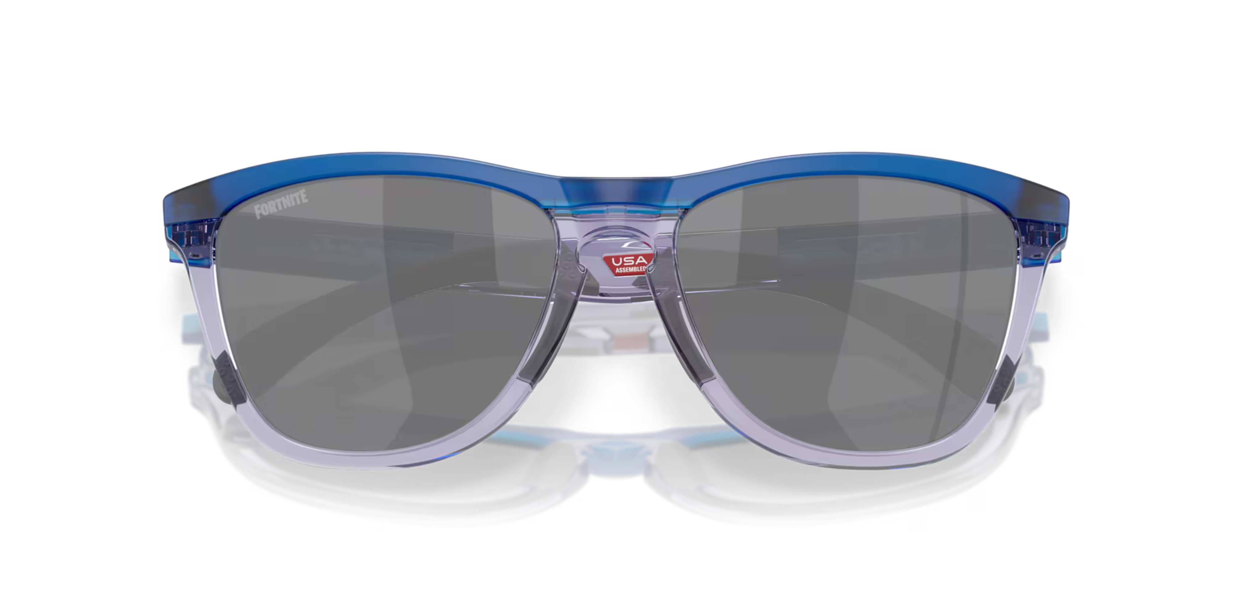 front closed view of oakley frogskin fortnite sunglasses, classic style polarised sunglasses, blue and grey frame with dark grey lense