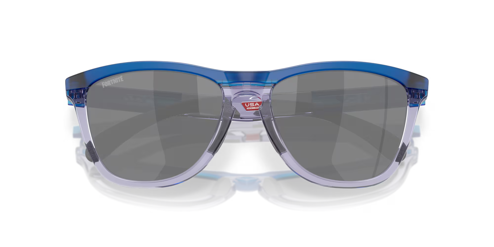 front closed view of oakley frogskin fortnite sunglasses, classic style polarised sunglasses, blue and grey frame with dark grey lense