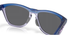 up close of back of oakley frogskin fortnite sunglasses, classic style polarised sunglasses, blue and grey frame with dark grey lense