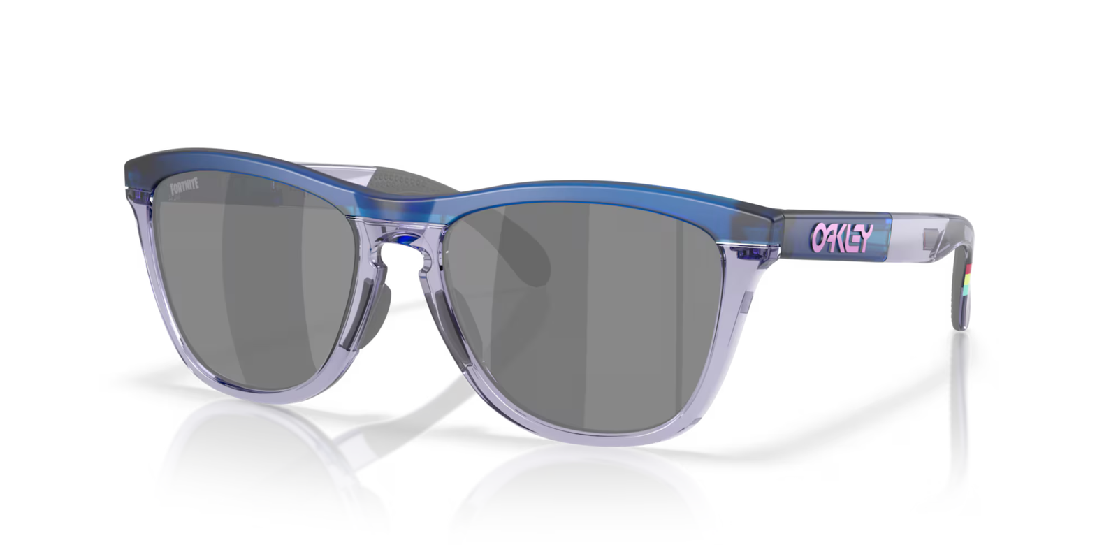 front angled view of oakley frogskin fortnite sunglasses, classic style polarised sunglasses, blue and grey frame with dark grey lense