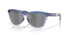 front angled view of oakley frogskin fortnite sunglasses, classic style polarised sunglasses, blue and grey frame with dark grey lense