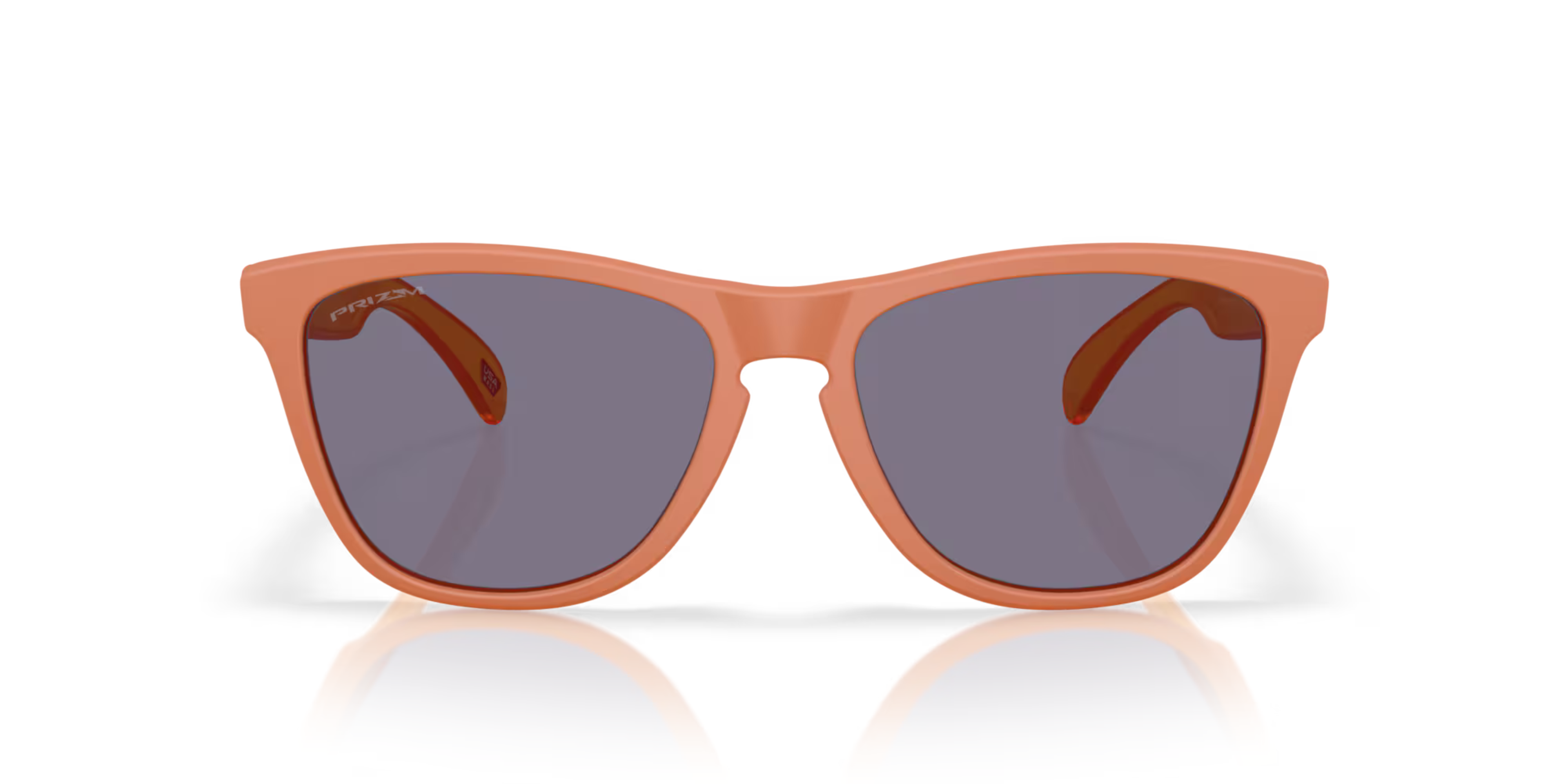 front of oakley frogskin sunglasses, classic style polarised sunglasses, orange frame with dark lense