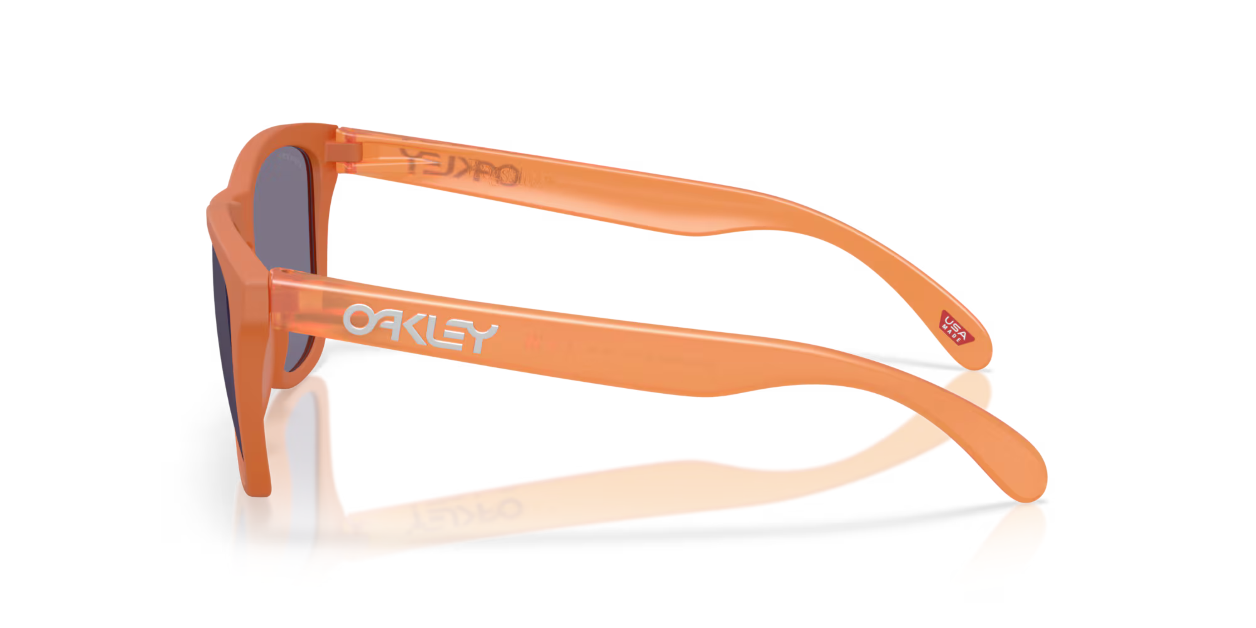 side of oakley frogskin sunglasses, classic style polarised sunglasses, orange frame with dark lense