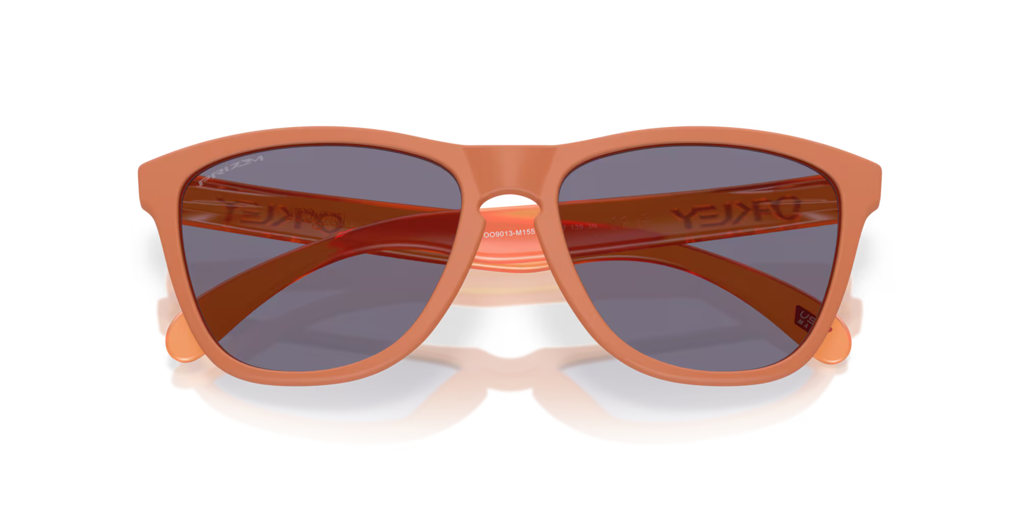 front of closed oakley frogskin sunglasses, classic style polarised sunglasses, orange frame with dark lense