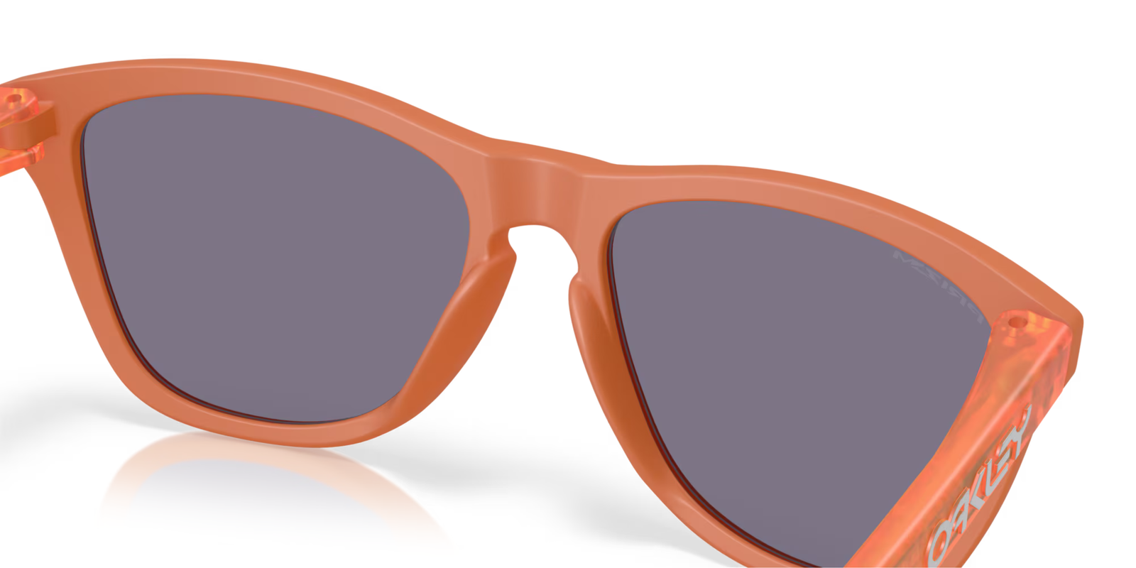 up close of back of oakley frogskin sunglasses, classic style polarised sunglasses, orange frame with dark lense