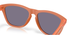 up close of back of oakley frogskin sunglasses, classic style polarised sunglasses, orange frame with dark lense