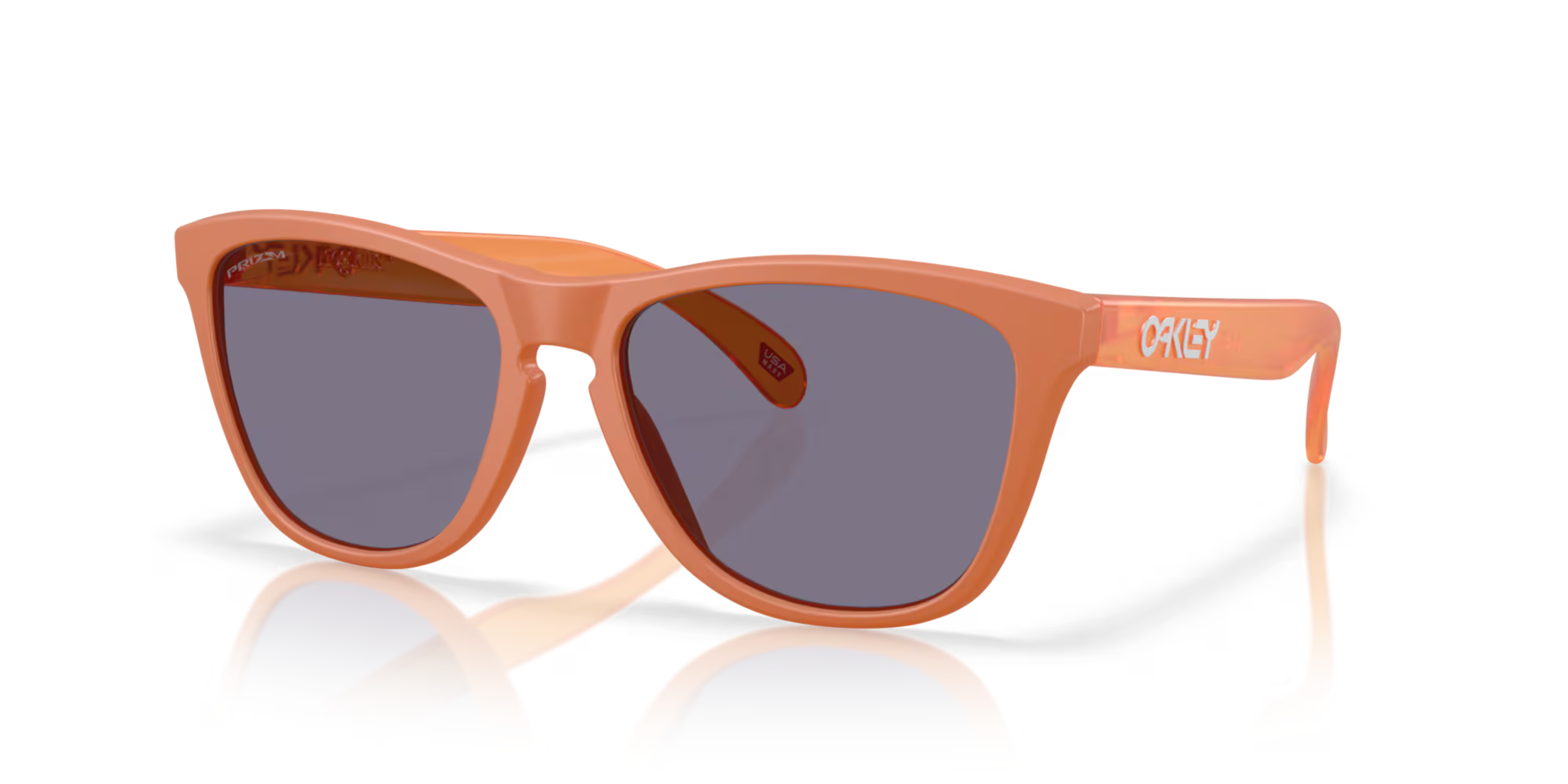 oakley frogskin sunglasses, classic style polarised sunglasses, orange frame with dark lense, side front of sunglasses