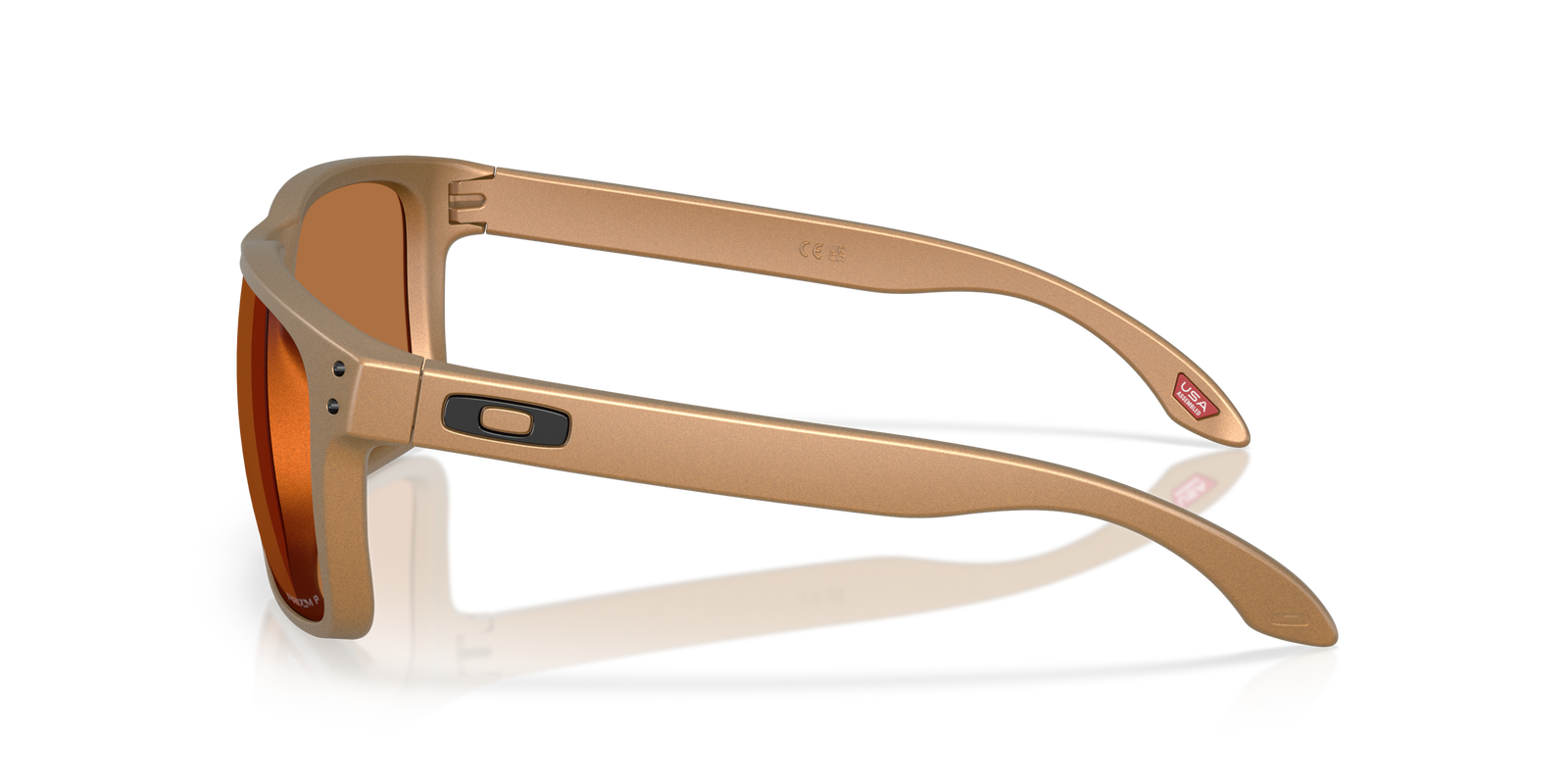 Oakley holbrook XL alloy sunglasses, bronze frame and bronze Polarized lenses. Highly durable with all day comfort. Side view of sunglasses.