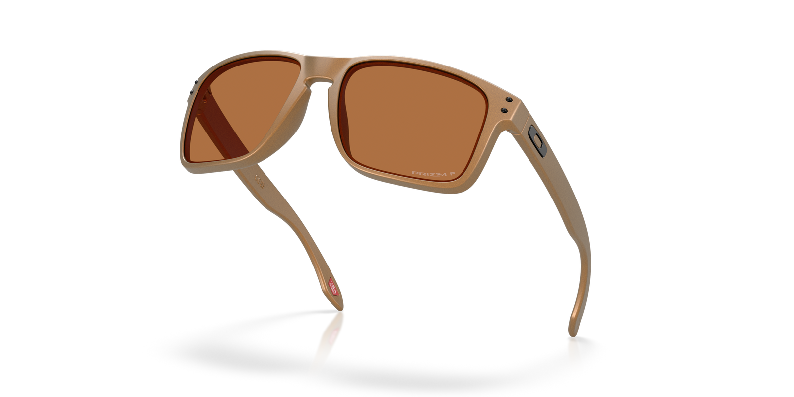Oakley holbrook XL alloy sunglasses, bronze frame and bronze Polarized lenses. Highly durable with all day comfort. low down view of sunglasses.