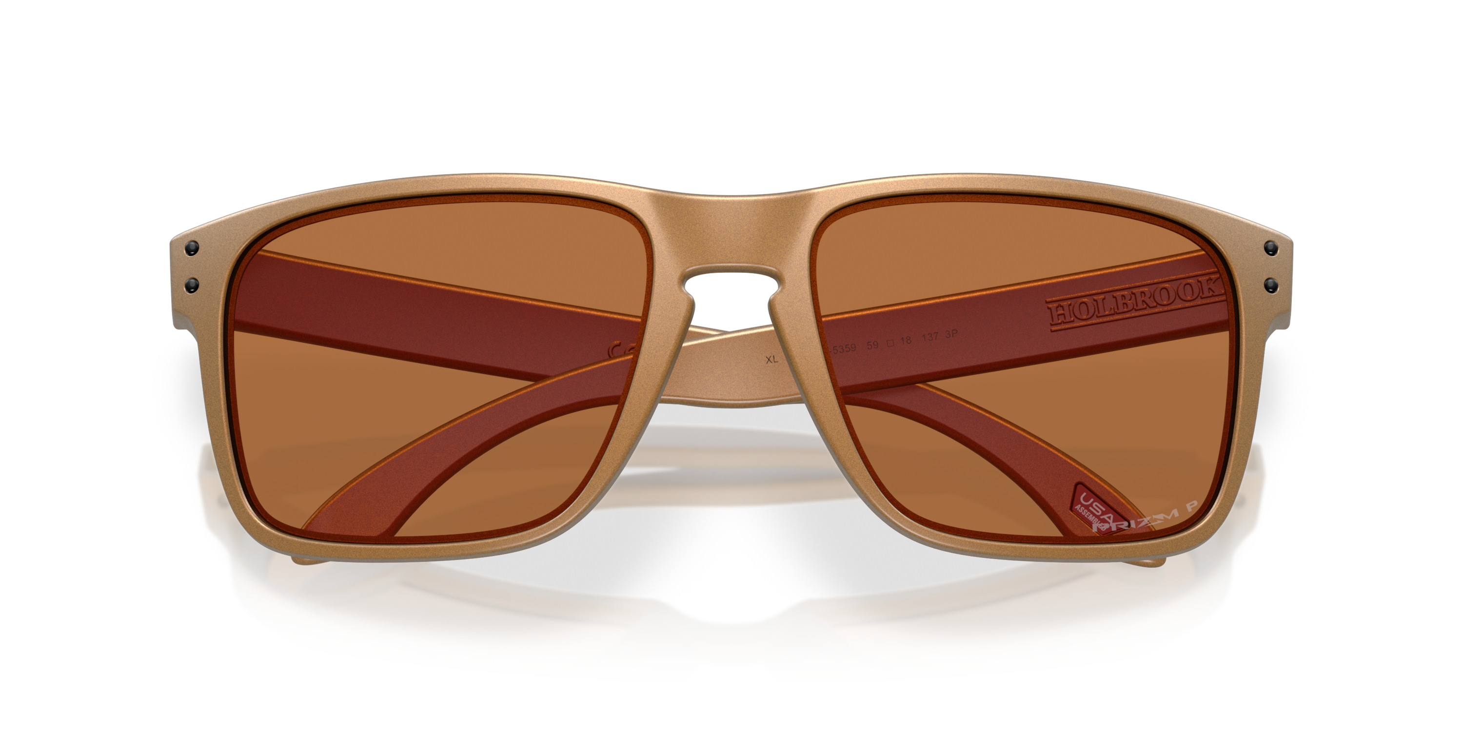 Oakley holbrook XL alloy sunglasses, bronze frame and bronze Polarized lenses. Highly durable with all day comfort. Close front view of sunglasses