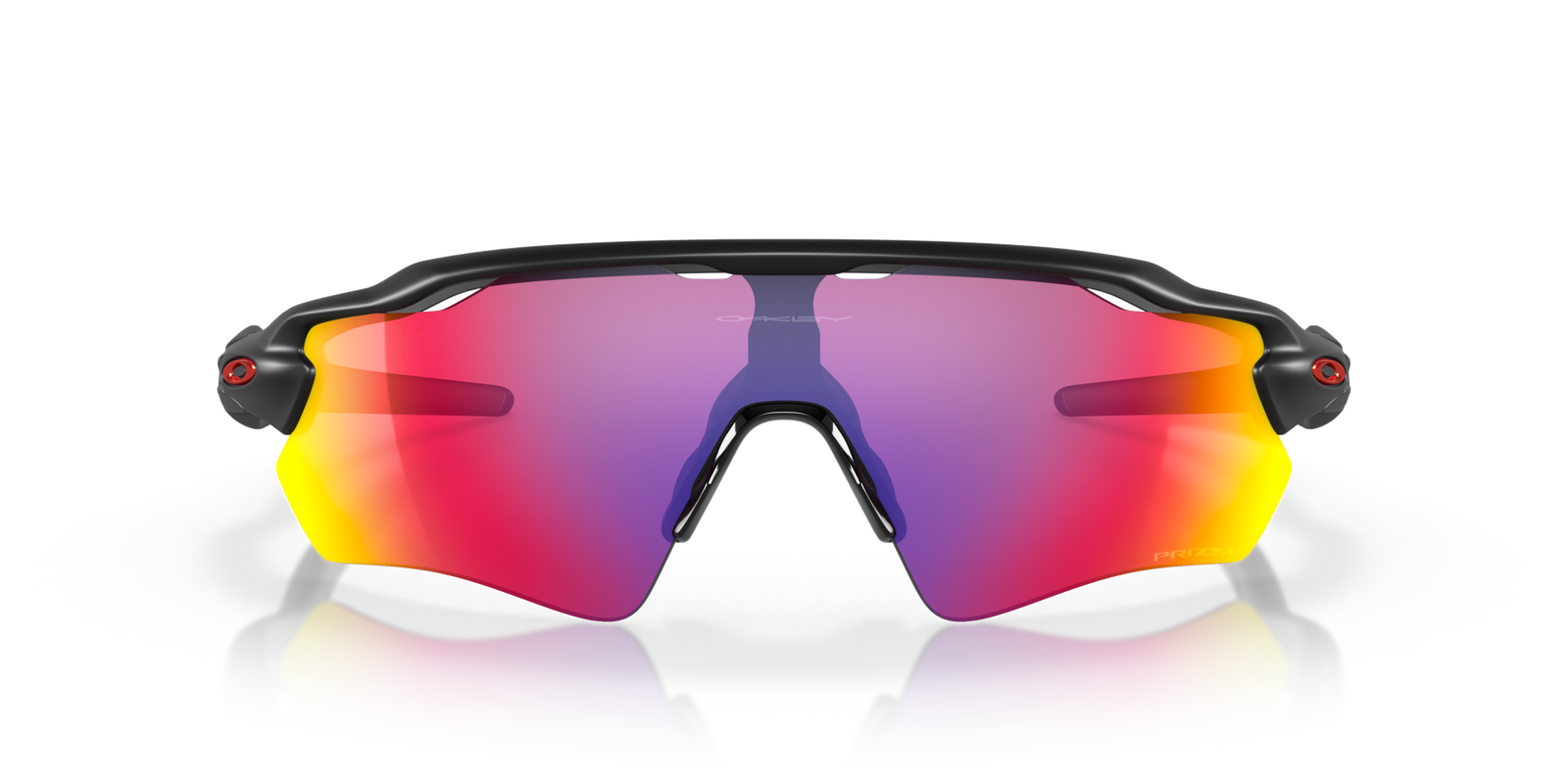 oakley radar ev path sunglasses with black frame and red and blue lenses on a white background
