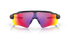 oakley radar ev path sunglasses with black frame and red and blue lenses on a white background