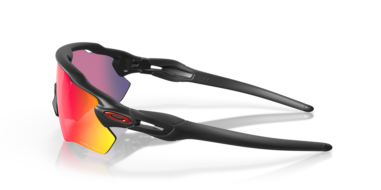 oakley radar ev path sunglasses with black frame and red and blue lenses on a white background