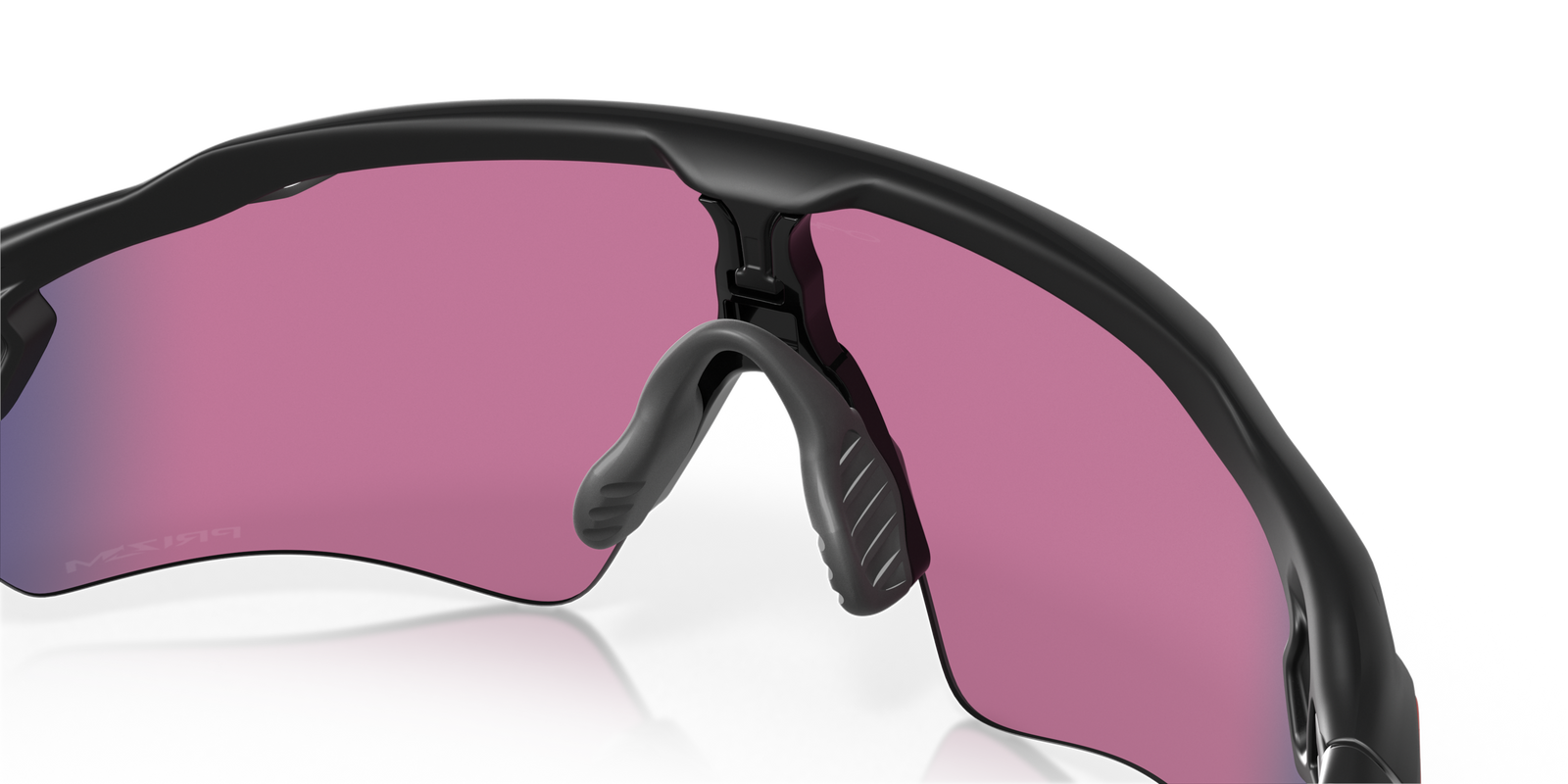 oakley radar ev path sunglasses with black frame and red and blue lenses on a white background