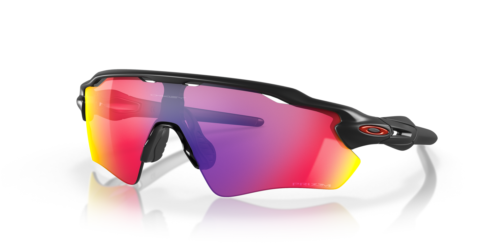 oakley radar ev path sunglasses with black frame and red and blue lenses on a white background