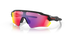oakley radar ev path sunglasses with black frame and red and blue lenses on a white background
