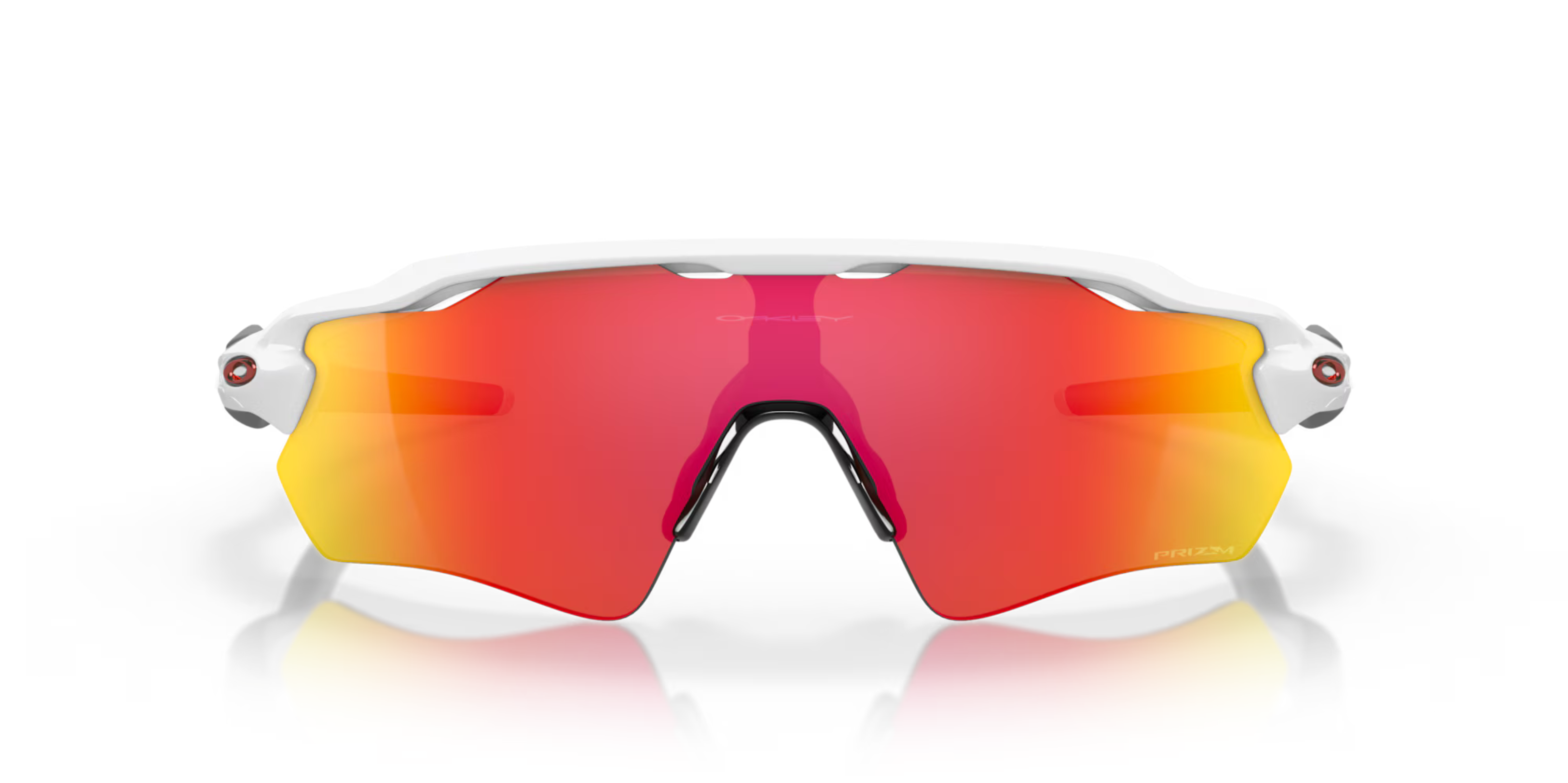 oakley radar ev path sunglasses, long and tall lenses specialty sunglasses, red yellow and orange lense with white frame, front of sunglasses