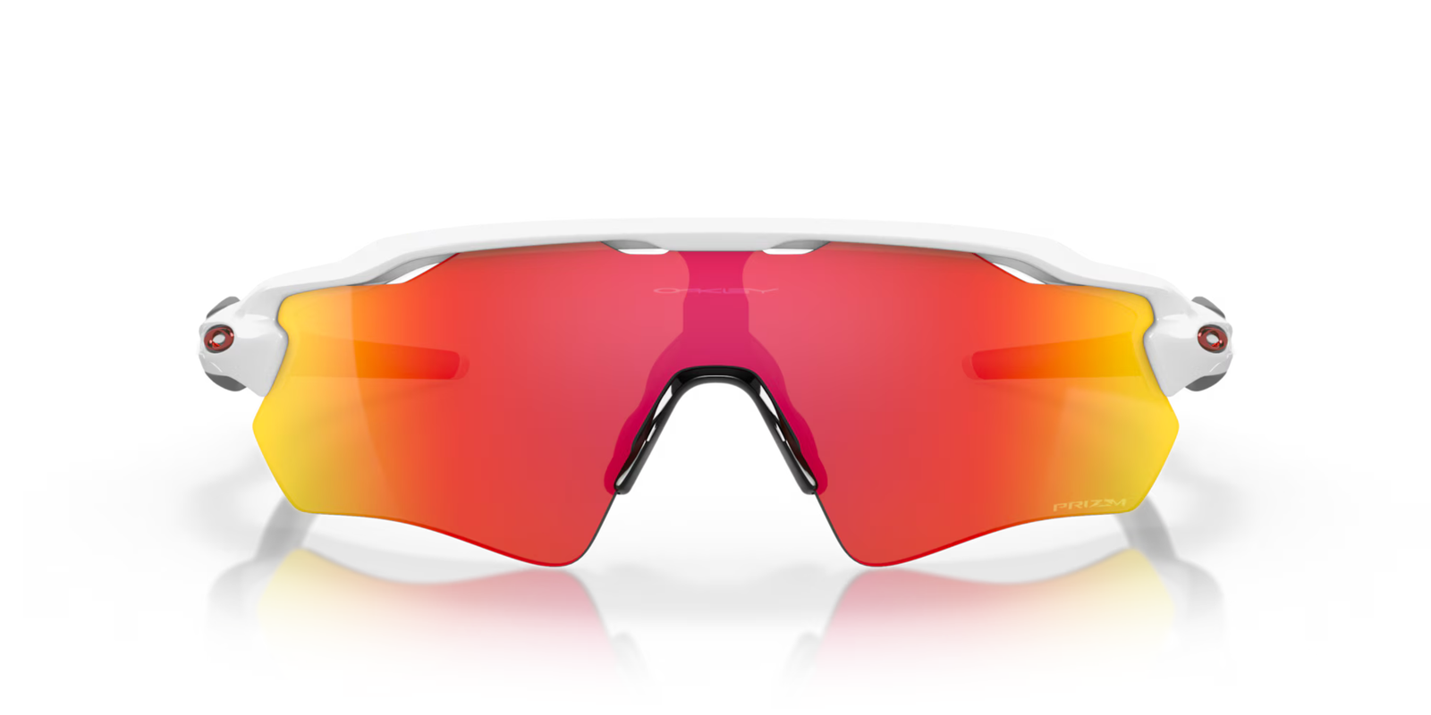 oakley radar ev path sunglasses, long and tall lenses specialty sunglasses, red yellow and orange lense with white frame, front of sunglasses