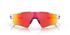 oakley radar ev path sunglasses, long and tall lenses specialty sunglasses, red yellow and orange lense with white frame, front of sunglasses