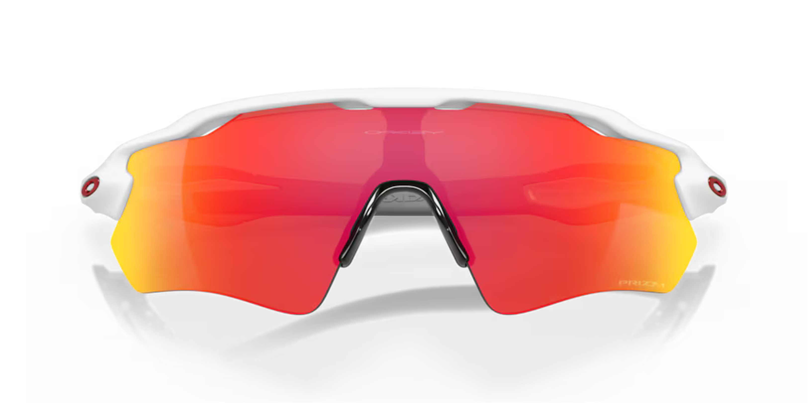oakley radar ev path sunglasses, long and tall lenses specialty sunglasses, red yellow and orange lense with white frame, front of glasses with arms closed