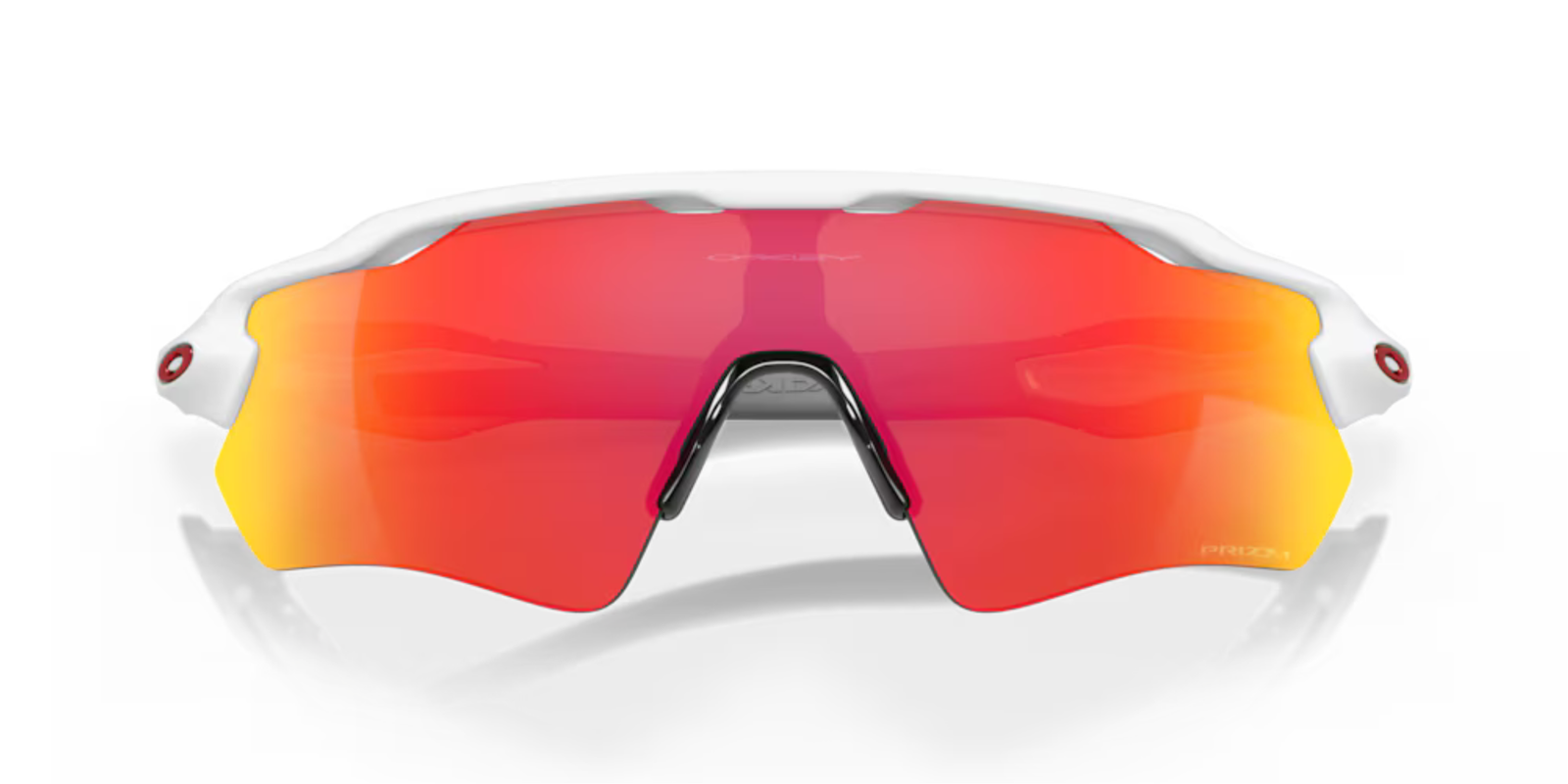 oakley radar ev path sunglasses, long and tall lenses specialty sunglasses, red yellow and orange lense with white frame, front of glasses with arms closed