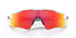 oakley radar ev path sunglasses, long and tall lenses specialty sunglasses, red yellow and orange lense with white frame, front of glasses with arms closed