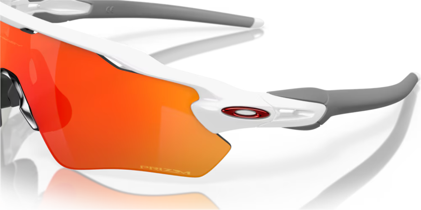 oakley radar ev path sunglasses, long and tall lenses specialty sunglasses, red yellow and orange lense with white frame, close up of lenses