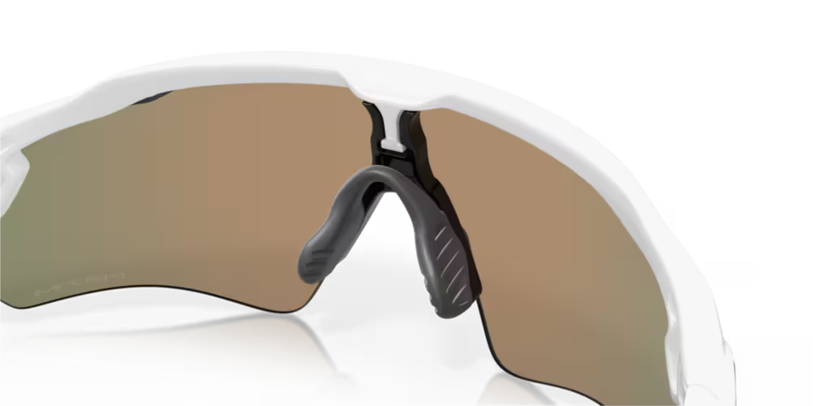 oakley radar ev path sunglasses, long and tall lenses specialty sunglasses, red yellow and orange lense with white frame, inside of sunglasses with close up on nose piece