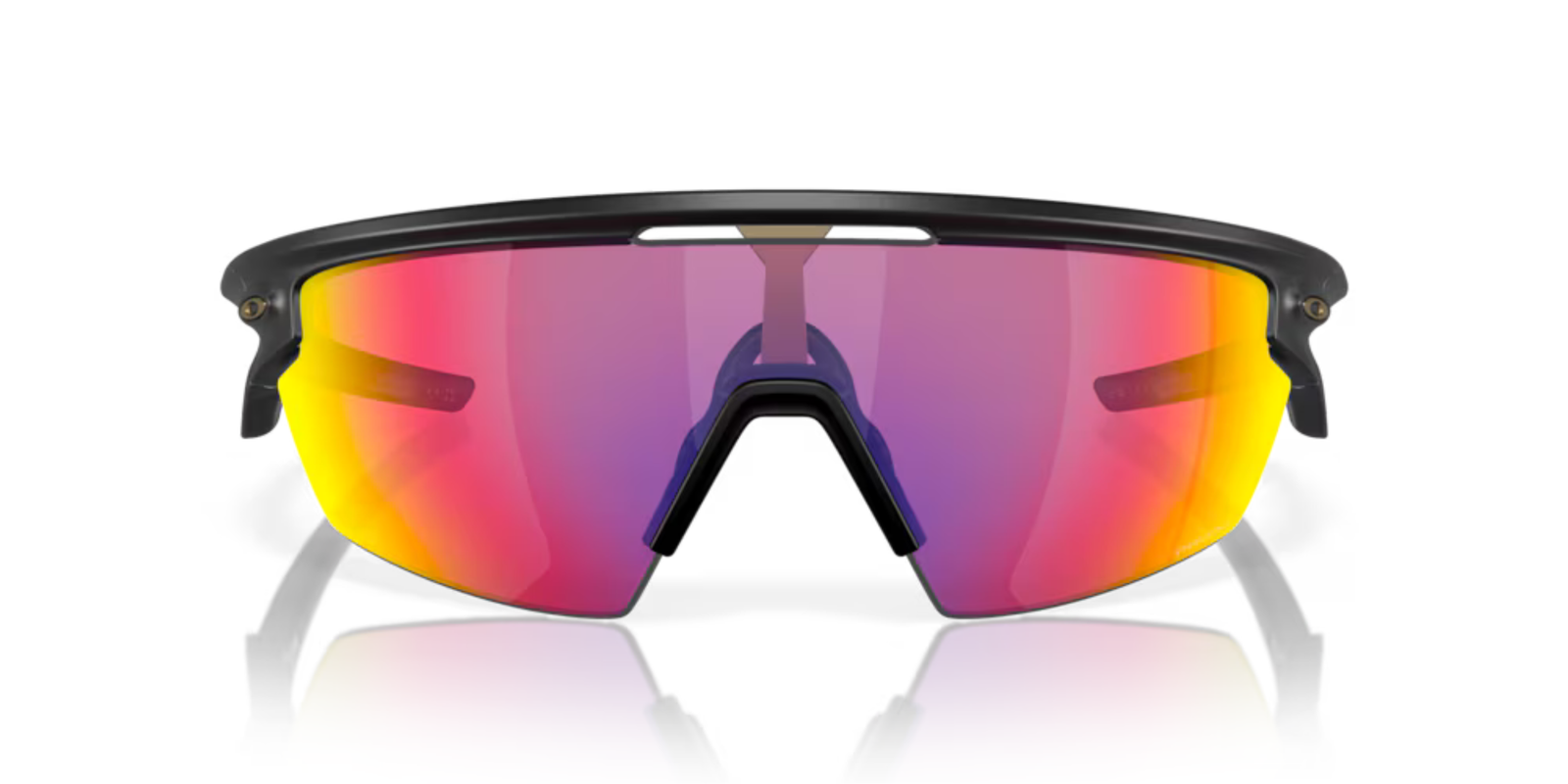 oakley sphaera sunglasses, cycling and running specialty sunglasses, red yellow and purple lense with black frame, front of sunglasses