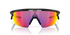 oakley sphaera sunglasses, cycling and running specialty sunglasses, red yellow and purple lense with black frame, front of sunglasses