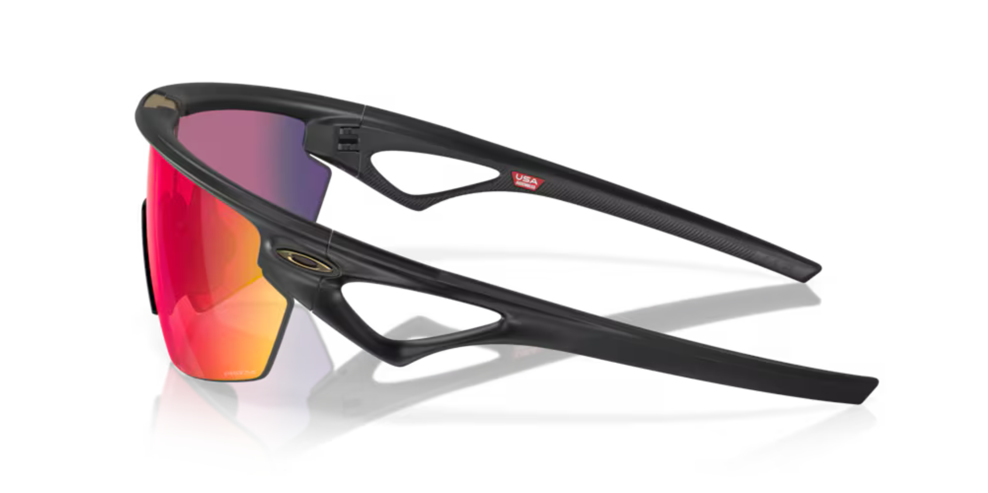 oakley sphaera sunglasses, cycling and running specialty sunglasses, red yellow and purple lense with black frame, side of sunglasses